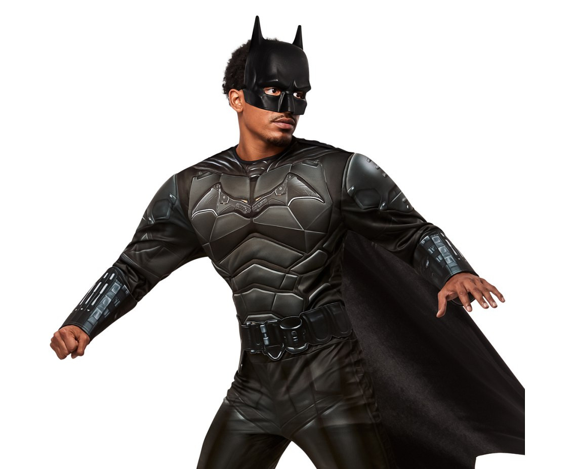 Includes: Batman muscle chest jumpsuit with boot tops, 3D belt, cape and mask